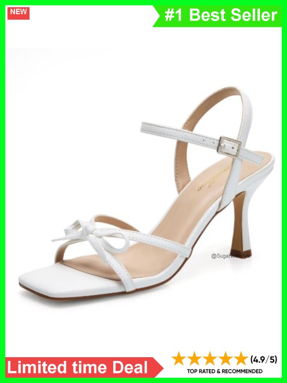 Square Toe Strappy Kitten Heel Sandals Bow Ankle Strap Slingback